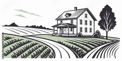 A picturesque countryside scene with a charming farmhouse and rolling hills Vector