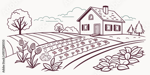 A picturesque countryside scene featuring a quaint house and lush landscape. Vector