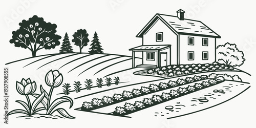 A serene countryside scene with a farmhouse, trees, and a winding road. Vector
