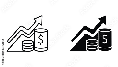 Financial Growth Icon: Upward Arrow Graph and Stacked Coins with Dollar Sign