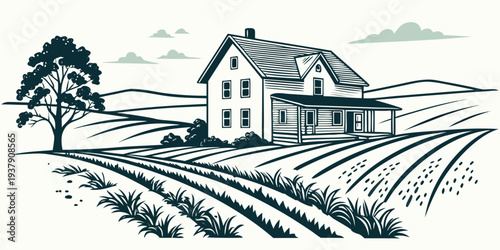 A serene countryside scene featuring a farmhouse and expansive fields Vector