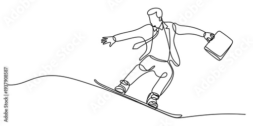 Businessman snowboarding down mountain with briefcase in hand