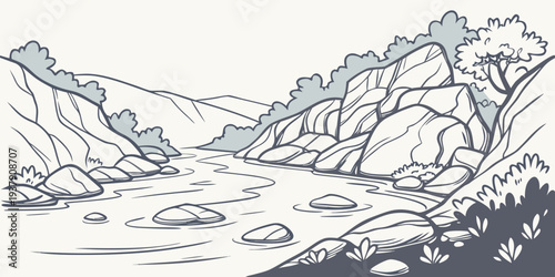 A serene mountain landscape with a winding river and snow-capped peaks. Vector