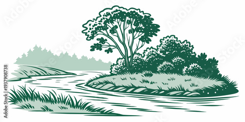 A serene landscape featuring a calm river flowing through a lush forest Vector