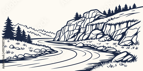 A serene river winding through a mountainous landscape with lush greenery. Vector