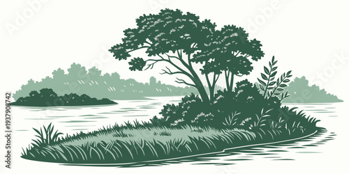 A serene landscape with a single tree standing tall on a small island Vector