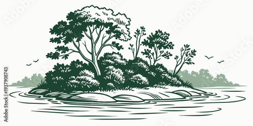A serene landscape featuring a solitary tree standing on a small island in the middle of a calm body of water Vector