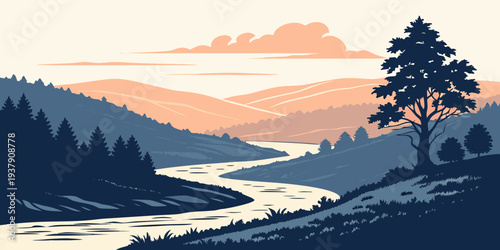 A serene landscape at sunset with a calm river and towering trees Vector