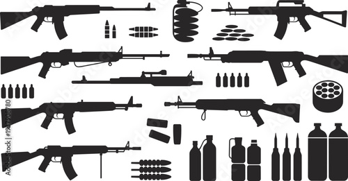 Assault rifles ammunition and military weapon silhouettes collection isolated on white background defense equipment set
