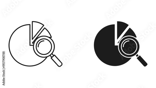 Pie chart with magnifying glass icon, representing data analysis and research, black and white illustration