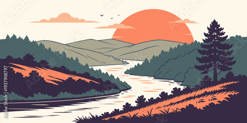 A serene landscape with a winding river, vibrant trees, and a distant mountain range under a colorful sky Vector