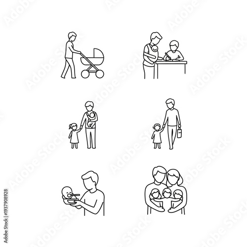 Minimalist line art icons depicting families and childcare activities parents with strollers, babies, and children, symbolizing togetherness and nurturing