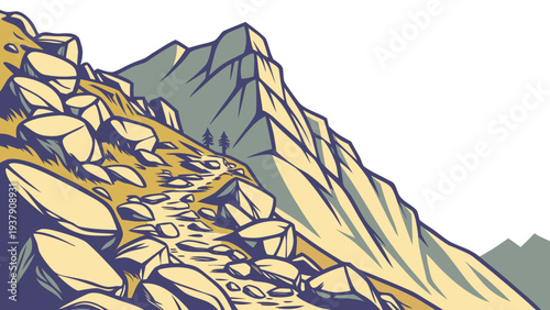 Majestic mountain range with rugged peaks and snow-covered slopes Vector