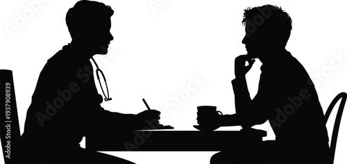 Doctor consulting adult patient silhouette medical consultation healthcare discussion diagnosis meeting illustration concept