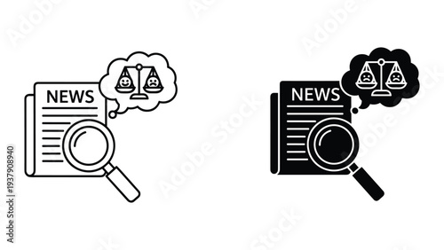 News Investigation: Magnifying Glass, Newspaper, Scales of Justice with Sad and Happy Faces in Thought Bubble