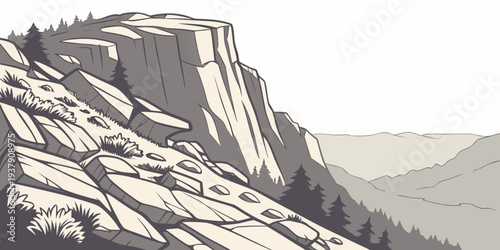 A dramatic view of a rugged mountain cliff overlooking a vast ocean landscape Vector