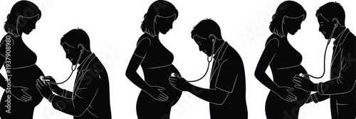 Doctor examining pregnant woman silhouette prenatal checkup maternity healthcare consultation medical examination illustration set