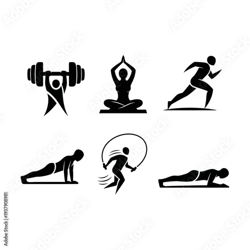 Dynamic collection of bold solid black vector icons depicting various fitness activities and workout exercises, perfect for sports and healthy lifestyle designs