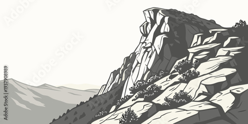 Majestic mountain peak with snow-covered slopes and rugged terrain Vector