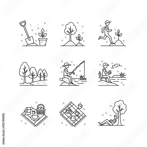 Ultra-thin line art icon set showcasing enjoyable outdoor leisure activities such as gardening, fishing, picnics, and peaceful relaxation amidst nature's beauty