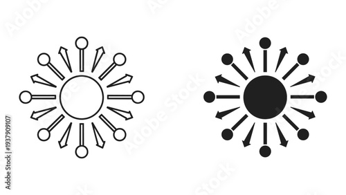 Radial Network Connection Icon Set: Outline and Solid Black Icons on White Background