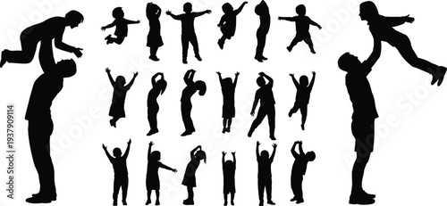 Father playing with children silhouette collection showing joyful parenting moments family bonding and childhood happiness