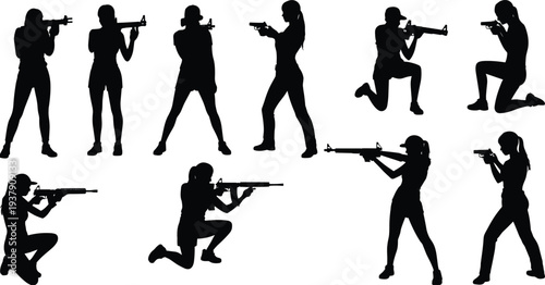 Female soldier tactical poses silhouette collection with rifle and handgun combat action stance set