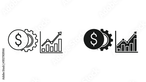 Financial Growth Icons: Dollar Coin, Gear and Bar Chart with Upward Trend Line