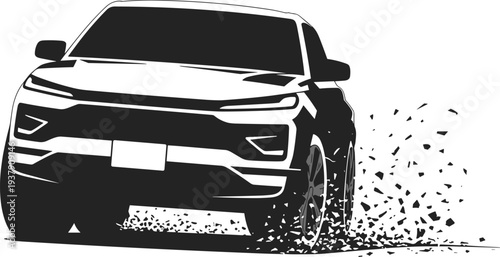 Dynamic black and white illustration of modern SUV in motion, powerful crossover vehicle accelerating with speed, gravel flying, concept art emphasizing automotive performance and design.