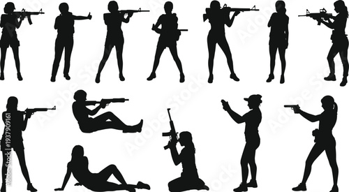 Female soldiers and tactical officers silhouette collection with weapons isolated on white background action poses