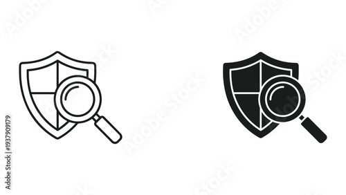 Security shield with magnifying glass icon, cybersecurity, protection, and investigation concept