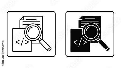 Code Search and Analysis Icons: Magnifying Glass Over Code Snippet and Document