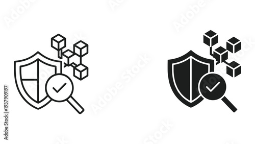 Blockchain Security and Verification Icon: Shield, Magnifying Glass, Checkmark, and Blocks