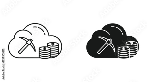 Cloud Mining Icon: Pickaxe, Coins, Dollar Sign, Cryptocurrency, Bitcoin, Blockchain, Technology, Finance