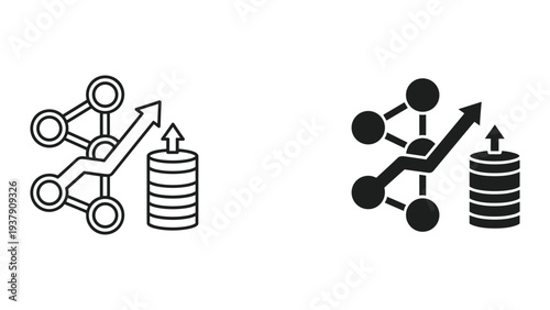 Data Analysis Growth: Network Graph, Upward Arrow, and Stack of Coins Icon