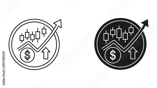 Financial Growth and Investment Icon: Upward Trend Chart, Dollar Sign, and Candlestick Analysis