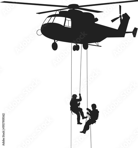Military helicopter rescue operation silhouette with soldiers rappelling tactical airborne extraction emergency mission scene