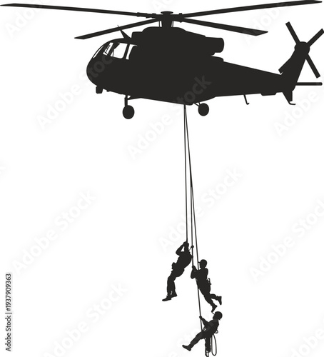 Military helicopter fast rope insertion silhouette with special forces soldiers tactical airborne deployment operation