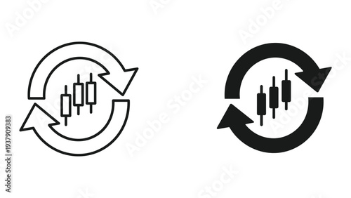Candlestick Chart and Circular Arrows Icon Set: Trading Cycle and Repeat Symbol
