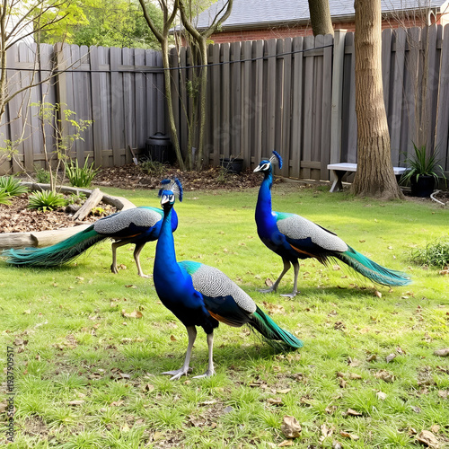 tame peacocks in the yard
