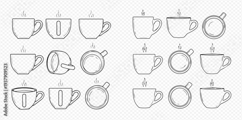 Set of hand-drawn outline coffee cups with steam, viewed from different angles, on a transparent background.