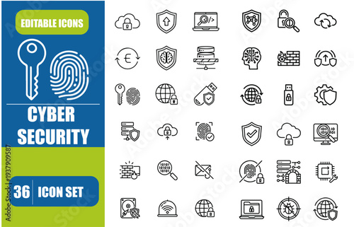 Cyber security icons, such as shield, lock, safety, safe and more. Vector illustration isolated on white. Editable stroke. stock illustration
