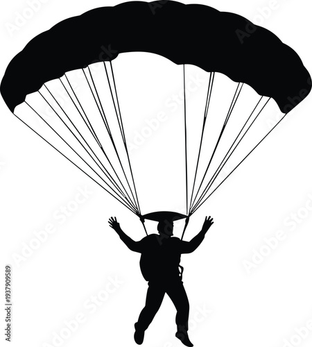 Parachutist silhouette landing with open parachute canopy extreme sport skydiving airborne safety illustration isolated