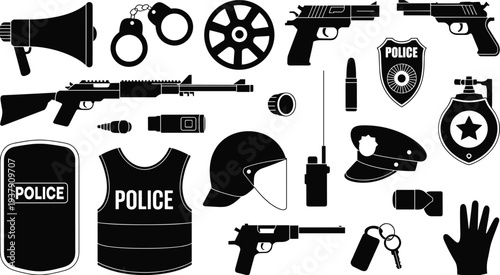 Police equipment icons set, law enforcement gear, weapons, tactical tools, security protection collection isolated vector