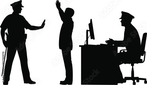 Police interrogation scene silhouettes, officer questioning suspect, law enforcement investigation, criminal arrest process illustration vector