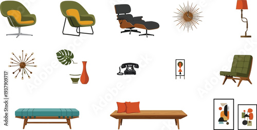 A comprehensive collection of Mid-Century Modern furniture and home decor items, including chairs, lamps, and artwork, isolated on white background.