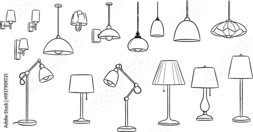 A comprehensive collection of various lamps and light fixtures, featuring ceiling pendants, wall sconces, and table lamps, presented as simple line art sketches.