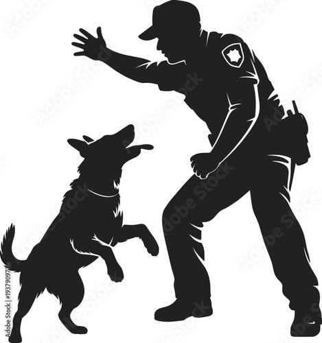 Police officer commanding trained dog silhouette during obedience training isolated on white background illustration
