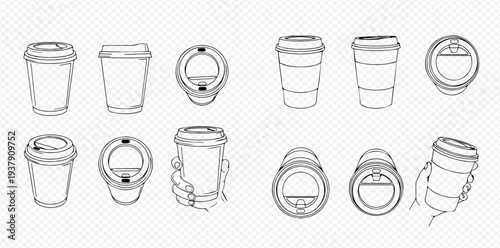 Set of hand-drawn outline illustrations of various disposable coffee cups with lids, perfect for hot beverages on the go.