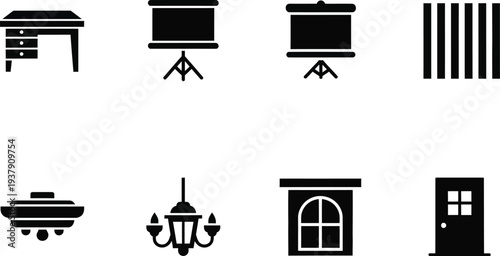Black silhouette icons set featuring furniture, lighting fixtures, and architectural elements for interior design projects.